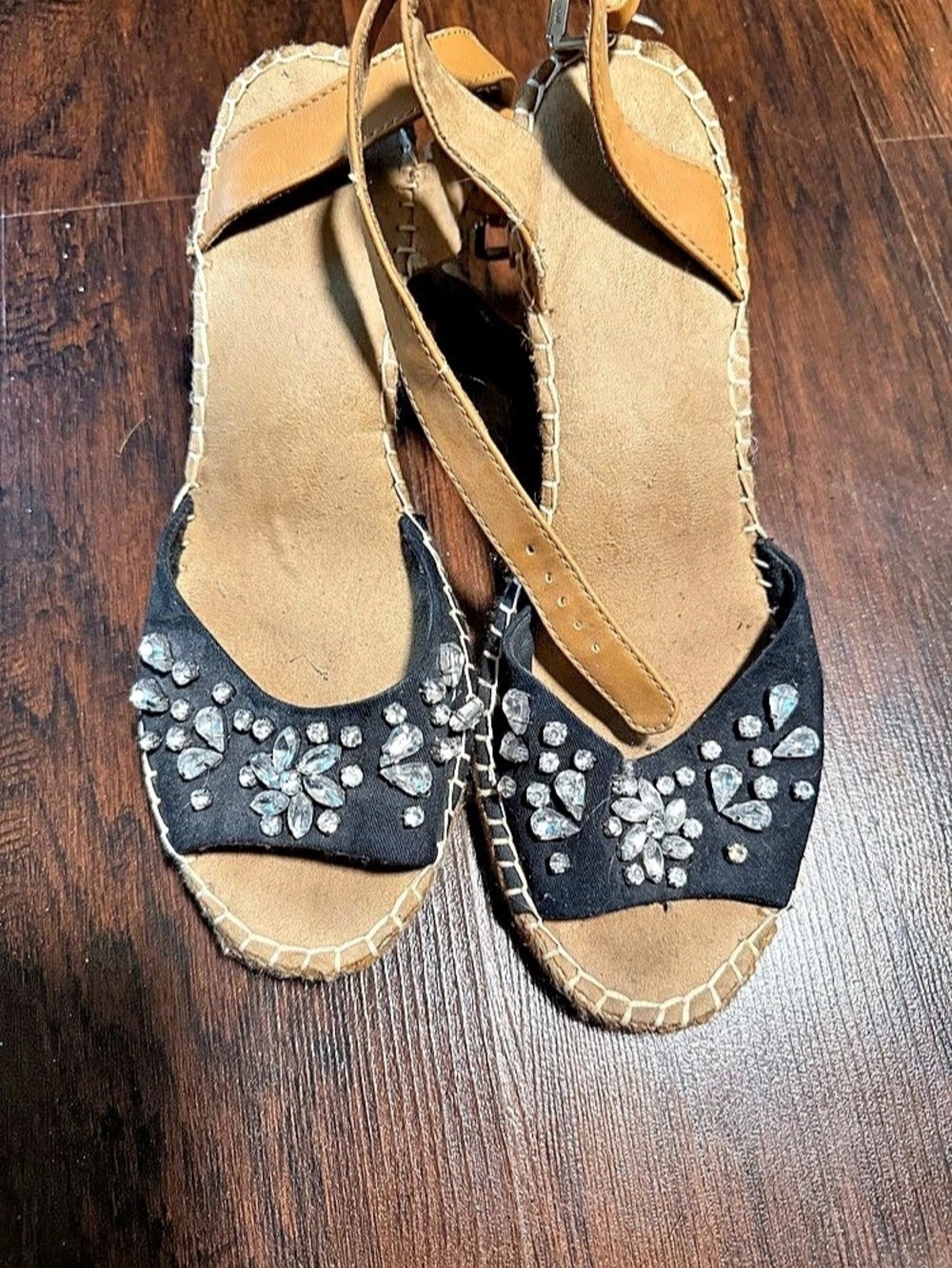 Embellished Espadrille Sandals in Black & Brown